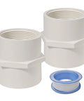 Pack of 2 White 1-1/2 Inch PVC Female Thread Adapters 2-Way Pipe Coupling Connectors Schedule 40 with PTFE Sealing Tape