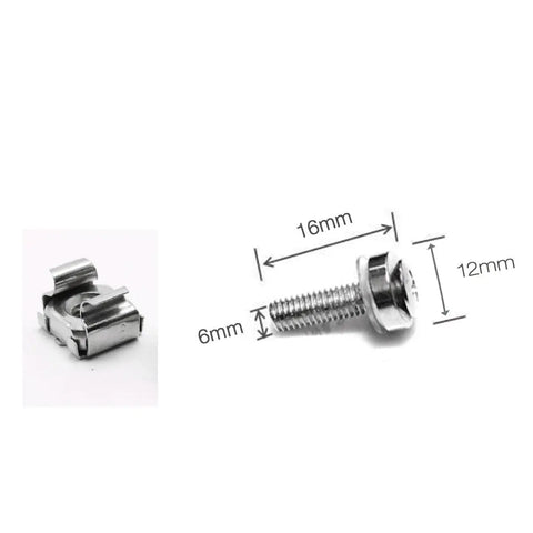 Badass 60 Pack M6 X 16mm Screws Square Cage Nuts Washers For Server Rack Cabinet Mounting Built Damn Tough Nickel Plated Steel Easy Install Heavy Duty Rack Gear, close-up of square cage nut and screw.
