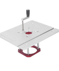 Top Shelf Aluminum Router Lifter With Flip Board For Precision Woodworking Trimming And Milling, features aluminum base and adjustable lift handle.