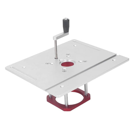 Top Shelf Aluminum Router Lifter With Flip Board For Precision Woodworking Trimming And Milling, features aluminum base and adjustable lift handle.