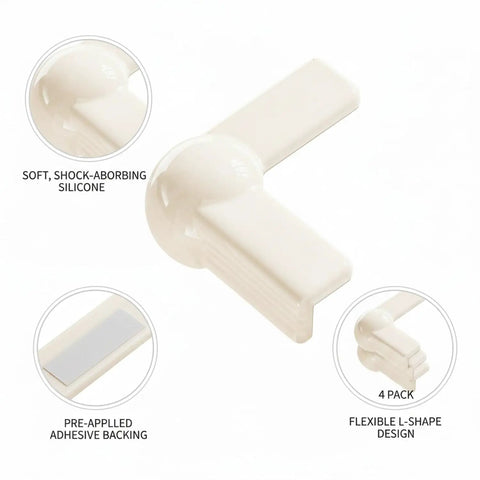 Close-up of 1.6 By 1.6 Inch L Shaped Silicone Corner Guards For Furniture Edges White 4 Pack with adhesive backing detail.
