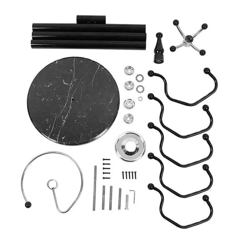 Straight Up Heavy Duty Four Tier Floor Standing Coat Rack With Ten Sturdy Metal Hooks For Bedroom Hallway Wardrobe Closet Organizer Keep Your Gear Dang Tidy Today parts laid out, including black metal hooks and marble base.