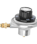 Low Pressure Gas Regulator With Adjustable Valve for BBQ Grills, Zinc Alloy, 1 Inch 20UNF, side view showing control knob.