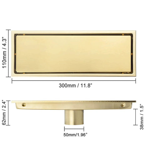 12 Inch Brushed Gold Shower Drain With Tile Insert Grille Detachable Hidden Cover SUS304 Stainless Steel Rectangular Floor Drain High Flow Hubless Easy Clean No Fuss