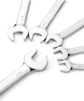 Close-up of 22 Piece Flex Head Ratcheting Wrench Set With SAE And Metric Sizes In Chrome Vanadium Steel, wrenches laid out.