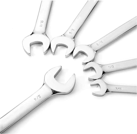 Close-up of 22 Piece Flex Head Ratcheting Wrench Set With SAE And Metric Sizes In Chrome Vanadium Steel, wrenches laid out.