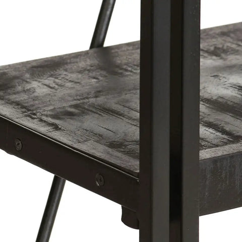 Close-up of a black steel frame and mango wood shelf, part of the 5 Tier Bookcase In Black With Solid Mango Wood Shelves And A Powder Coated Steel Frame Dope Industrial Style Open Design For Living Room And Office Storage Built To Last Durable Rustic Modern Vibe 15.7 By 11.8 By 70.9 Inches.