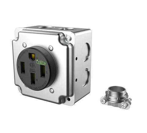 NEMA 14-50R EV Outlet Surface Mount Kit 50 Amp Pro Grade Beefy Heavy Duty Charging Receptacle in metal box with remx connector