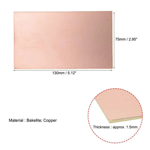 Single-Sided Copper Clad Laminate PCB Circuit Board 130x75mm 5.12x2.95 In 1.5mm Thick For DIY Prototyping Makers And Electronics Hobbyists Pack Of 30, showing size and material details.