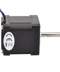 NEMA 14 bipolar stepper motor, side view, black housing with four wires and metal shaft