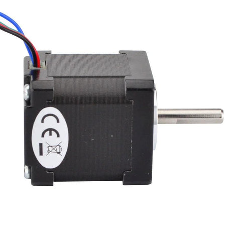 NEMA 14 bipolar stepper motor, side view, black housing with four wires and metal shaft