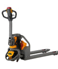 Apollo Lift Full Electric Lithium Pallet Jack with long forks, gray and yellow design for heavy-duty warehouse use.