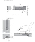 Slotted size chart for Rock Solid Stainless Steel Concealed Door Hinges showing dimensions and installation diagrams.