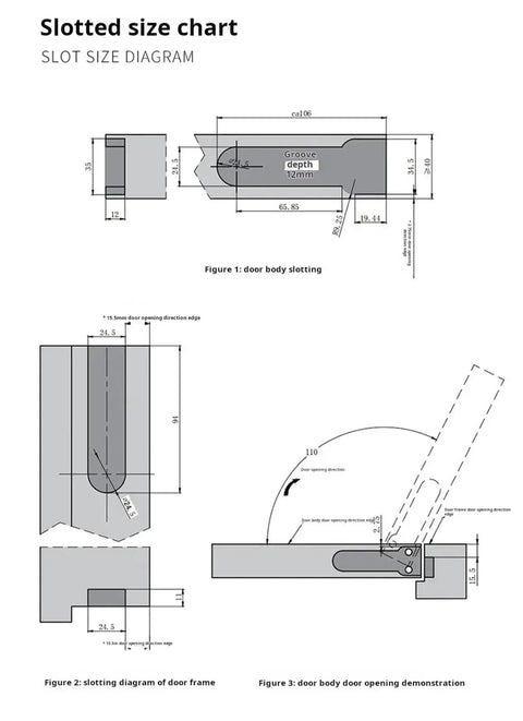 Slotted size chart for Rock Solid Stainless Steel Concealed Door Hinges showing dimensions and installation diagrams.