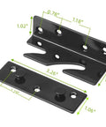 Hella Sturdy Heavy Duty Galvanized Steel Bed Rail Bracket For Reinforcing Creaky Bed Frames With Thick Load Bearing Plate and Secure Hardware for Zero Fuss DIY Repairs, black bracket dimensions shown.