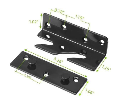 Hella Sturdy Heavy Duty Galvanized Steel Bed Rail Bracket For Reinforcing Creaky Bed Frames With Thick Load Bearing Plate and Secure Hardware for Zero Fuss DIY Repairs, black bracket dimensions shown.