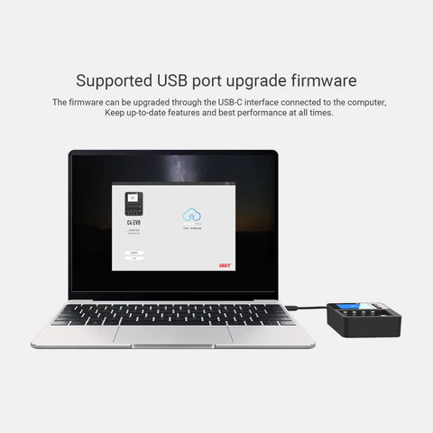 Laptop connected via USB-C to Six Slot Smart Battery Charger And Analyzer With LCD Display For AA AAA 18650 Rechargeables