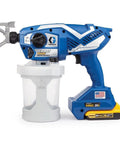 Top Notch Cordless Handheld Airless Paint Sprayer For Quick Touch Ups And Lacquer Projects, blue spray tool with battery and container.