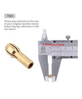 Close-up of a brass drill chuck adapter next to calipers measuring 4.3mm, showing size detail for rotary tool compatibility.