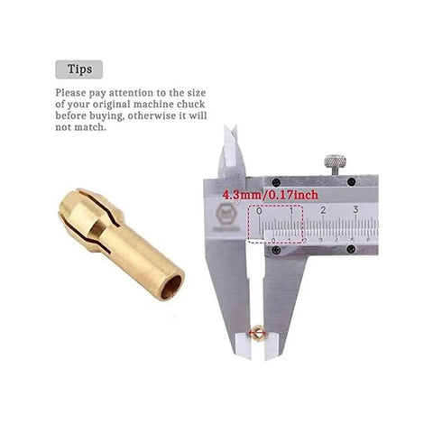 Close-up of a brass drill chuck adapter next to calipers measuring 4.3mm, showing size detail for rotary tool compatibility.