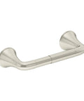 Elm 4 Piece Wall Mounted Bathroom Hardware Set In Satin Nickel Finish With Towel Bar Hand Towel Ring Robe Hook And Toilet Paper Holder Top Notch Style And Easy Install shown with satin nickel toilet paper holder.