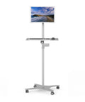 Heavy Duty Floor Standing Monitor Stand With Slick Rolling Wheels And Fold Away Keyboard Tray fits 10 to 34 inch screens in silver design.