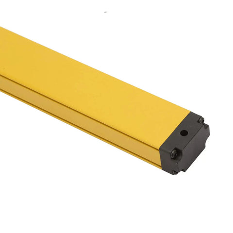 Close-up of yellow 4 Beam Safety Light Curtain Sensor Switch, aluminum alloy housing, IP65 rated, for industrial security.