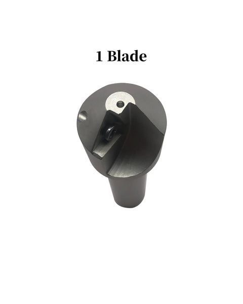 Chamfering tool holder with 3/4 inch shank and 1 blade, gray metal, front view.