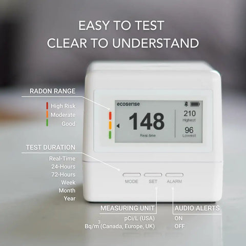 Continuous Home Radon Detector With Battery Power And Display Super Fast Readings For Quick Easy Home Safety Checks EF100 Style Smart Radon Sensor Fast Easy To Read Digital Display And Battery Operated For Portable Home Monitoring. White compact radon detector with digital screen showing 148 real-time.