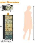 Dimensions of Tall 6-Drawer Dresser with Vintage Style Fabric Bins, Sturdy Metal Frame and Wood Top, silhouette for scale.