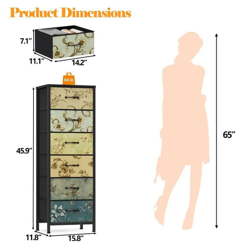 Dimensions of Tall 6-Drawer Dresser with Vintage Style Fabric Bins, Sturdy Metal Frame and Wood Top, silhouette for scale.