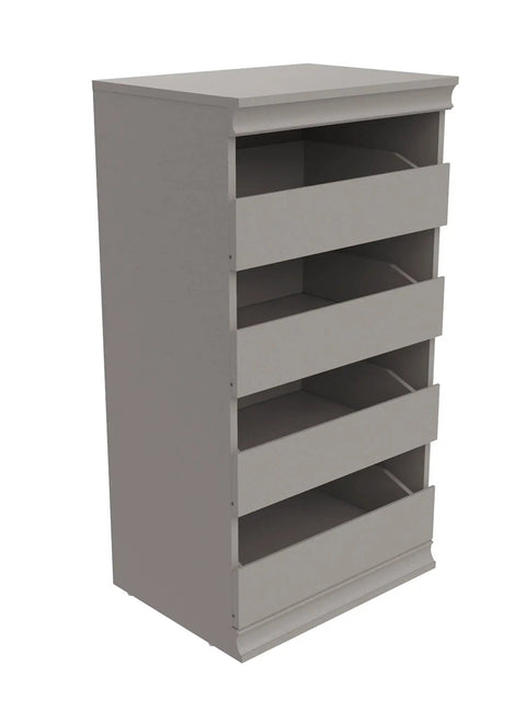 Super Slick Modular Closet Storage Organizer With Four Stackable Drawers In Taupe Decked Out With Decorative Trim And A Solid Back Panel For A Gotta Have Organized Space Vibe That Stays Tight And Totally Hassle Free