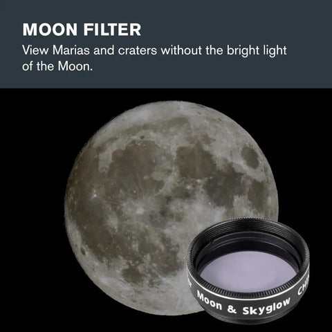 Moon filter with image of moon showing craters, part of Eight Piece Telescope Accessory Kit With Two 1.25 Inch Plossl Eyepieces.
