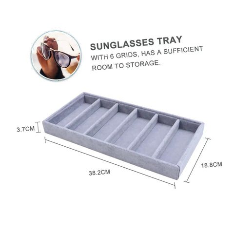 Solid Six Grid Sunglasses Storage Plate And Jewelry Display Box For Women Totally Fresh Fashion Organizer With Scratch Proof Surface showing grey six grid organizer tray dimensions.