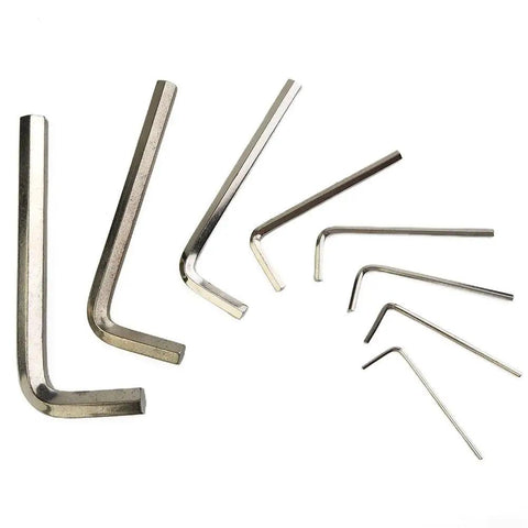 Super Cool 10 Pack L Shape Hex Wrench Set With Steel Hexagon Keys In Sizes Ranging From 1.5mm Up To 6mm For Quick Home Repair And Furniture Assembly Jobs Where Portability Is King., steel metric L-shape hex keys laid out by size