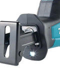 Close-up of XRJ08Z 18V LXT Brushless Cordless Compact One-Handed Reciprocating Saw Tool Only blade mechanism with LED light