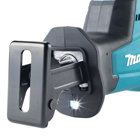 Close-up of XRJ08Z 18V LXT Brushless Cordless Compact One-Handed Reciprocating Saw Tool Only blade mechanism with LED light