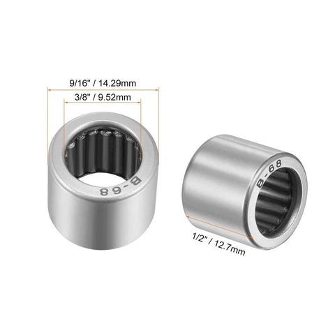 Two uxcell B68 needle roller bearings, front and side views, open cup, 3/8 in I.D., 9/16 in O.D., 1/2 in width