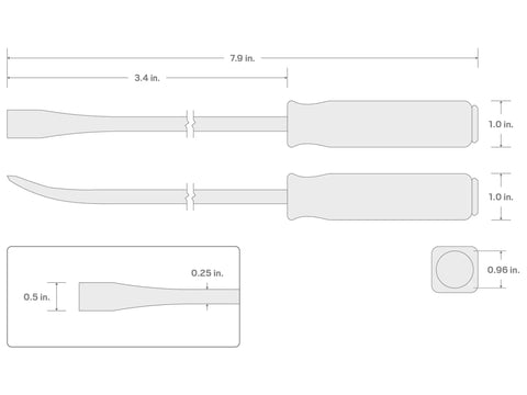 Technical drawing of an 8 Inch Angled End Pry Bar With Comfortable Handle, Heat Treated Steel, Quarter Inch Bar Stock, showing dimensions.