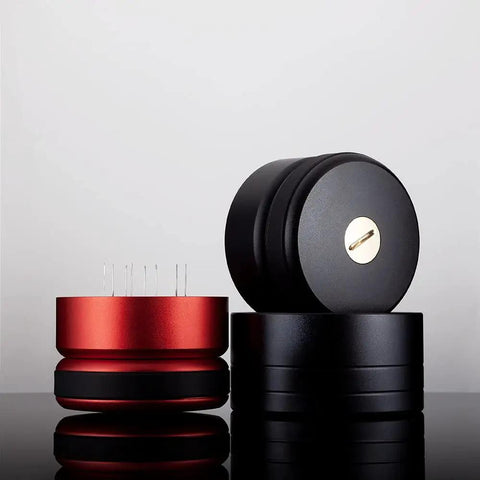 Top Shelf 58mm Stainless Steel Coffee Powder Leveler And Needle Distributor Tool For Perfect Espresso Grounds Even Distribution Barista Essential Kitchen Gear shown in black and red.