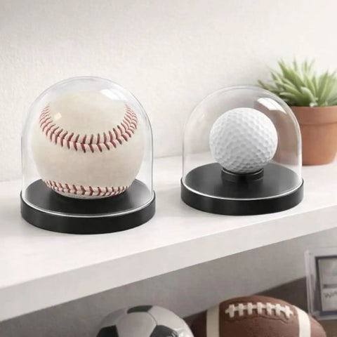 Baseball And Golf Ball Display Case With Clear Dome, Convertible Ball Holder For Baseballs Or Golf Balls, on shelf.