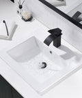 Drop In White Porcelain Vessel Sink With Black Faucet And Pop Up Drain, 21x18 Inch Bathroom Lavatory Basin, Durable Ceramic Glaze