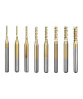 10Pcs Titanium Coated Carbide End Mills 0.8 To 3.0 Mm Engraving Bits For CNC Rotary Burrs Set, front view, different sizes displayed.