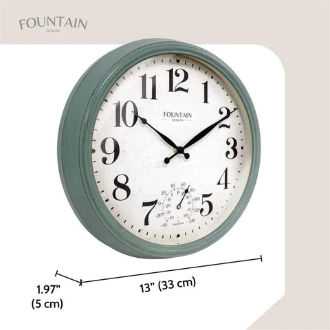Cool Outdoor And Indoor Weather Station Clock With Thermometer Fahrenheit And Celsius Analog Two In One Wall Decor In Aged Teal Finish 13 Inch Perfect For Patio Porch Garden Kitchen Or Office Wall Mount
