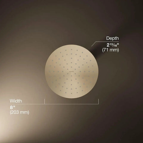 Top view of 8 Inch Round Rain Showerhead With 2.5 GPM Drenching Spray, Vibrant Brushed Bronze Finish, dimensions listed