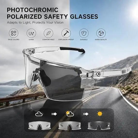 Hella Durable Photochromic Polarized Safety Glasses With Tough As Nails Impact Resistant Polycarbonate Lenses and Protective Side Shields for Beast Mode Outdoor Activities on a scenic mountain road.