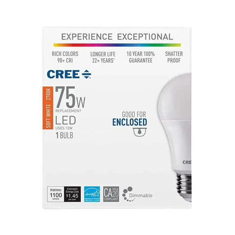 Packaging of Exceptional Series A19 Dimmable LED Bulb 2700K Soft White, 1100 Lumens, 75W Equivalent, Energy Star Rated