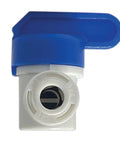 1/4 Inch Quick Connect Shut Off Valve Push To Connect Plumbing Fitting With Secure Locking Clips, blue handle, polymer material.