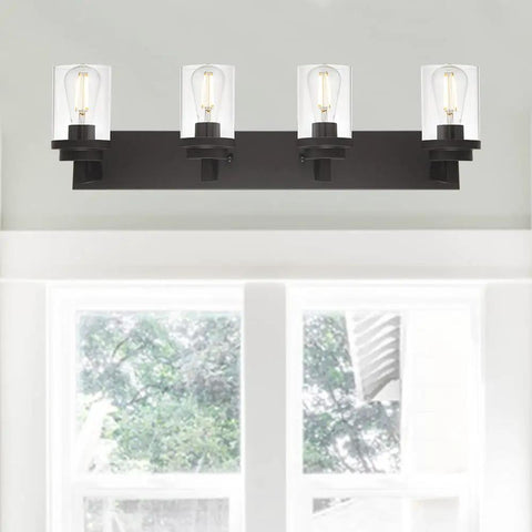 Dope 4 Light Oil Rubbed Bronze Bathroom Vanity Light Wall Sconce With Clear Glass Shades mounted above a window