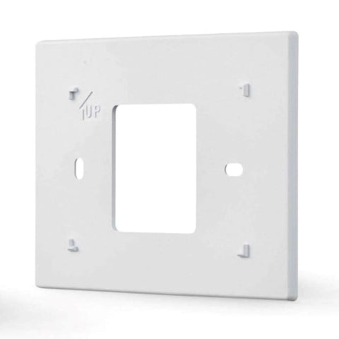 White Thermostat Wall Plate With Mount Bracket For 2x4 Electrical Box, showing front view of small white mounting plate.